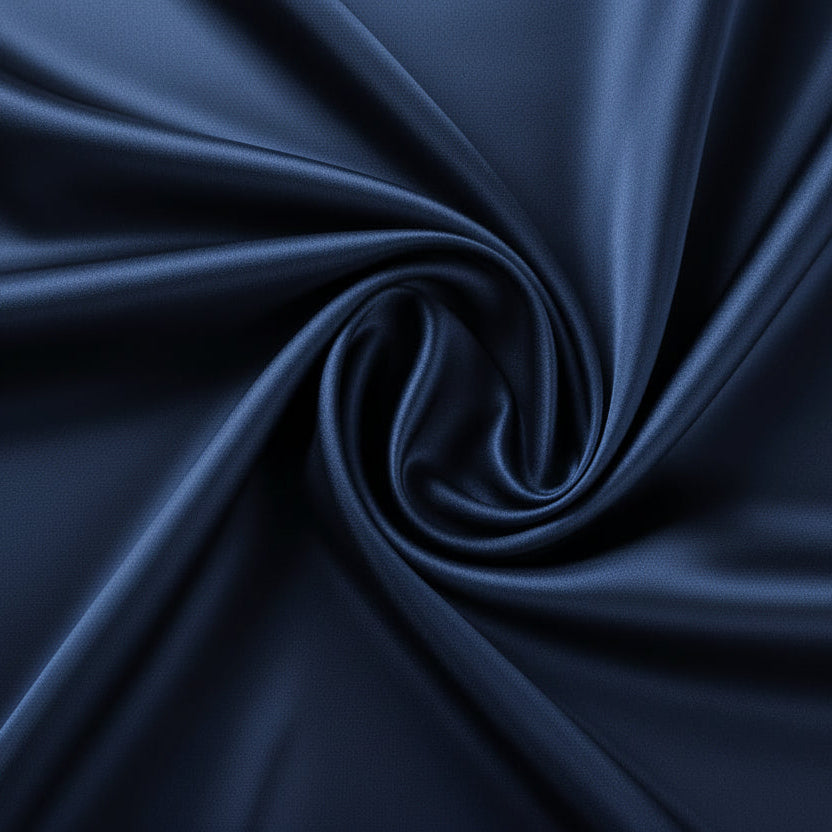 Close-up of dark blue silk fabric with folds