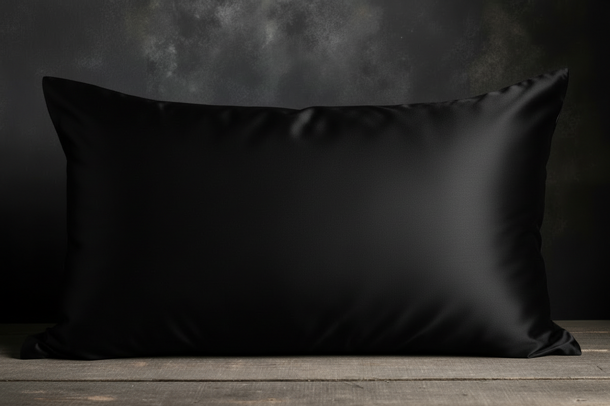Black satin pillow on a wooden surface with a dark background