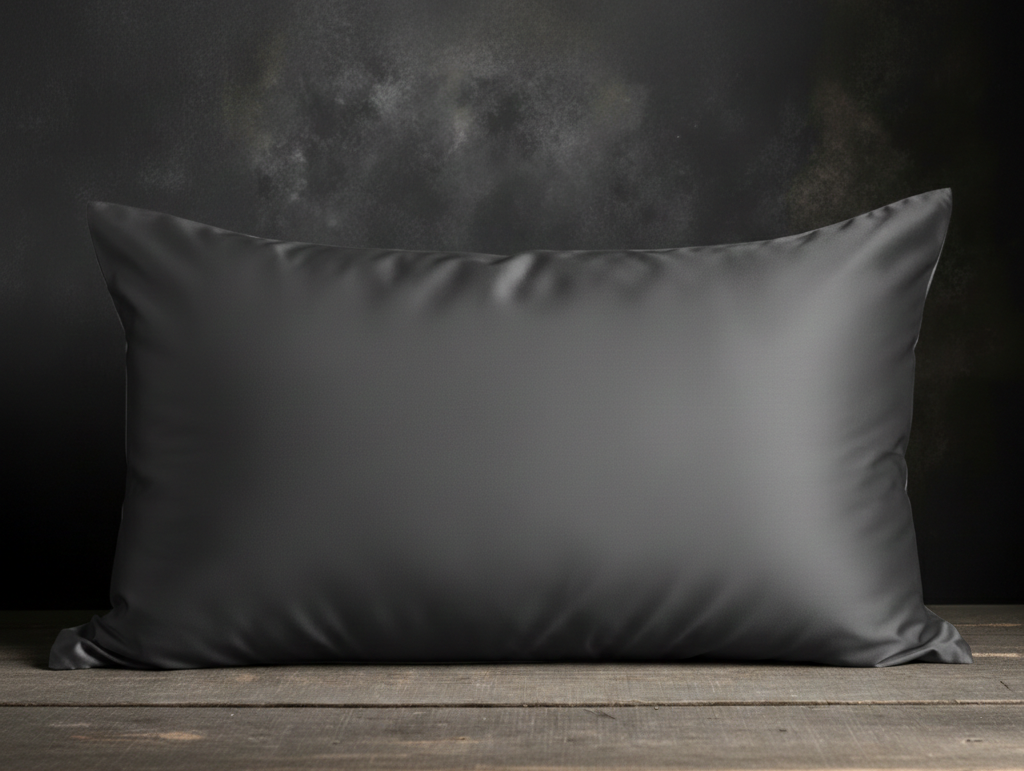 Dark gray satin pillow on a wooden surface with a dark background