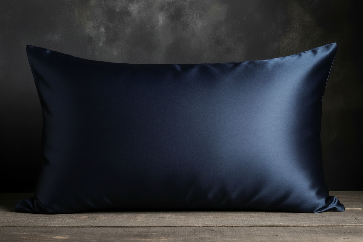 Navy blue satin pillow on a wooden surface with a dark background