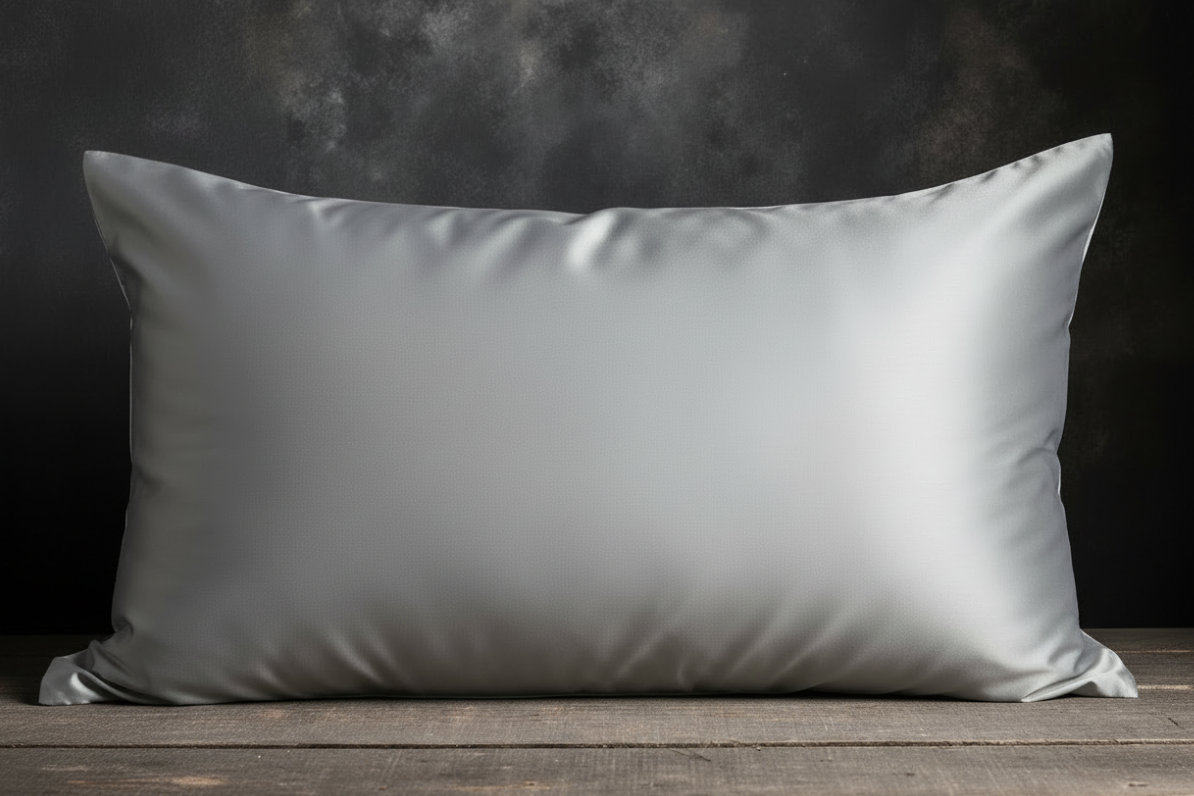 White pillow on a wooden surface with a dark background