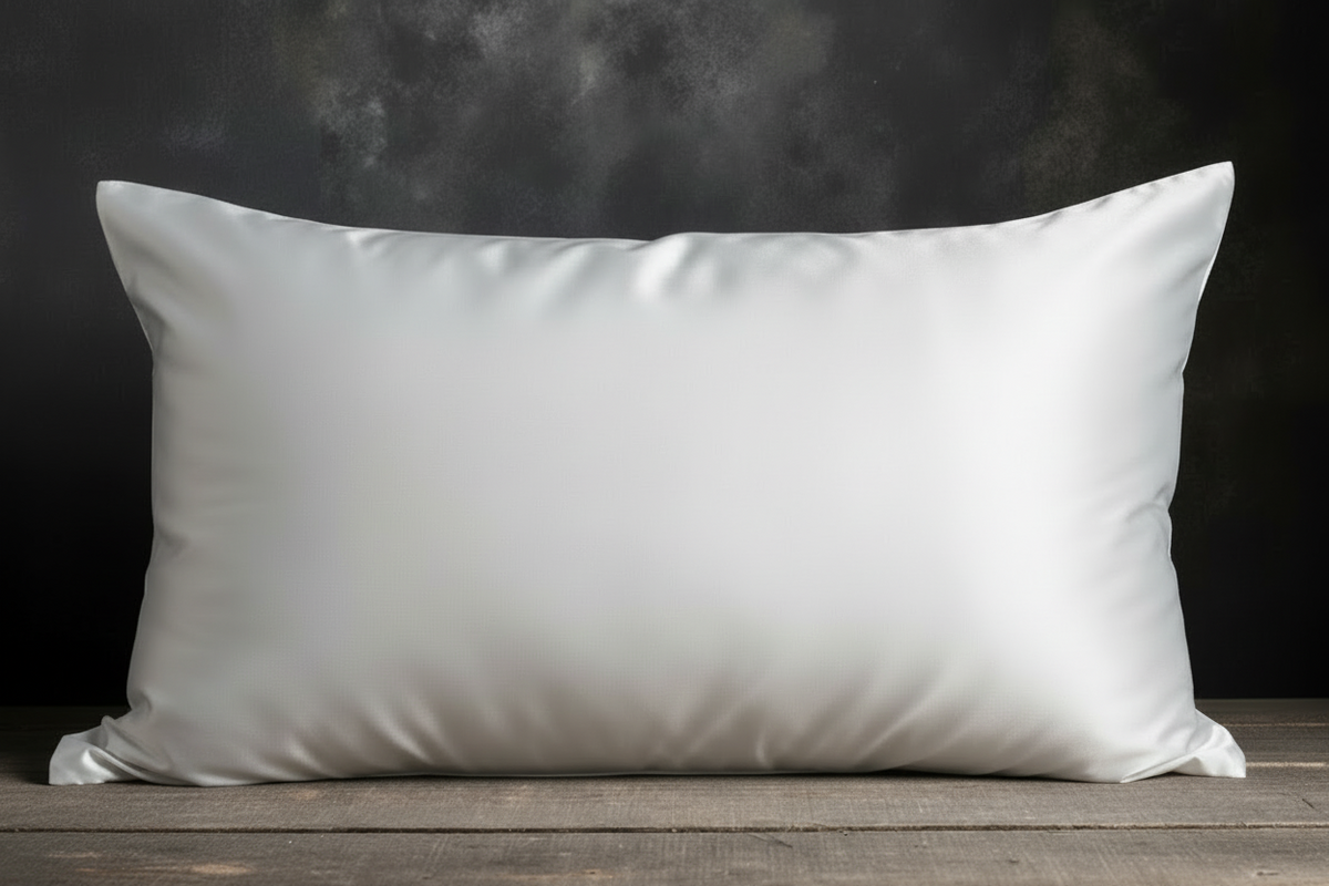 White pillow on a wooden surface with a dark background
